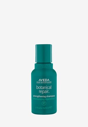 Shampooing fortifiant Aveda Botanical Repair dans une petite bouteille turquoise de 50 ml avec texte blanc sur un fond uni.