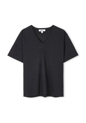 Black V-neck t-shirt, short sleeves, made of soft fabric, slightly loose fit, minimalistic design, no patterns or additional embellishments.