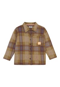 Bruine en beige geruite overhemd met knopen, kraag, lange mouwen, borstzak en een 'Good Times' patch op de zak.