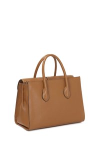 Barna bőr kézitáska, strukturált kialakítással, kettős felső fogantyúval és diszkrét külső varrással. Simább felülettel és kerekített részletekkel rendelkezik.