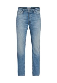 Ανοιχτό μπλε τζιν στενής γραμμής με μπροστινό κουμπί και φερμουάρ, θηλιές ζώνης και ξεθωριασμένες λεπτομέρειες στους μηρούς και τα γόνατα.