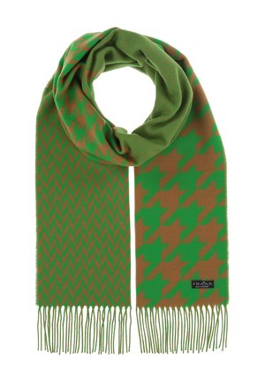 Roheline sall, millel on pruun houndstooth mustriga, mille otstes on frindid. Valmistatud pehmest ja tekstuursest kangast.