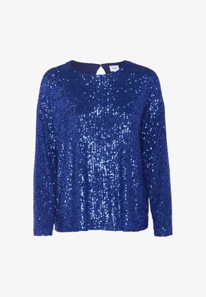 Pull en sequins bleus avec manches longues, encolure ronde et une petite fente à l'arrière. Texture brillante et silhouette ajustée.