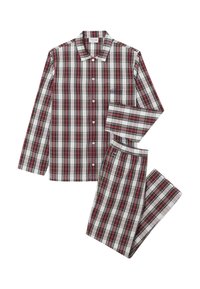 Kockás pizsama szett, hosszú ujjú, gombos inggel és nadrággal, piros, zöld és fehér mintázattal, puha anyagból készül.