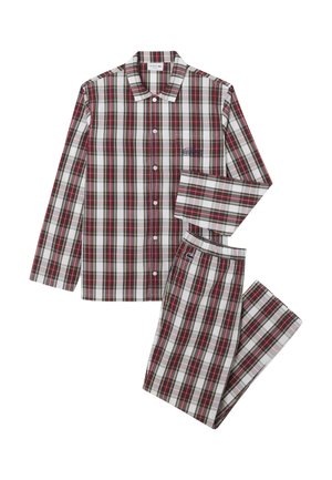Kariertes Pyjama-Set mit einem langärmligen, knöpfbaren Hemd und einer Hose, in rot, grün und weißen Mustern, aus weichem Stoff.