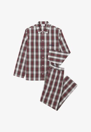 Geruite pyjama set met een knoopsluiting overhemd met lange mouwen en een broek, in rode, groene en witte patronen, gemaakt van een zachte stof.