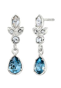 Sølv dråbeøreringe med en marquise-formet klar sten, fremhævet af runde klare sten, med en dråbeformet blå sten i bunden.