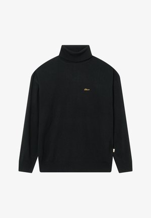 Sort langærmet turtleneck sweater med et lille guld "Btkvris" logo broderet på venstre bryst.