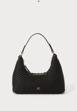 Black woven handbag with a curved body design, featuring a gold zipper, leather accents, and a structured handle for easy carrying.