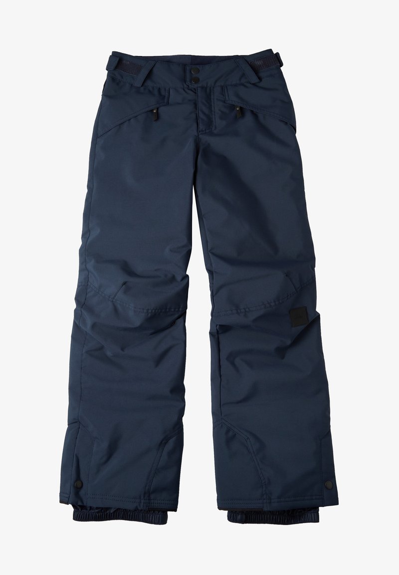 Pantalons de neige navy en matériau imperméable avec des poignets élastiques, fermeture par bouton-pression et poches zippées, présentant un design épuré et ajusté.