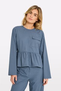 Blau gestreifter Langarmtop mit Peplum-Design und einer Vorderasche. Hergestellt aus weichem Stoff, mit rundem Ausschnitt und geraden Ärmeln.