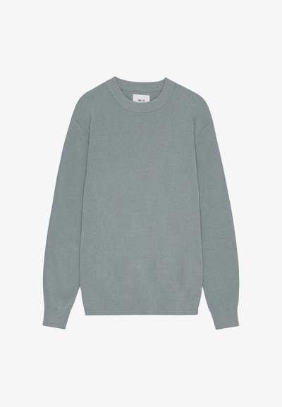 Rippstrickpullover in Hellgrau mit rundem Halsausschnitt, langen Ärmeln und lockerer Passform. Hergestellt aus strukturiertem Strickmaterial.