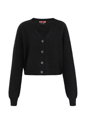 Must have mustern, pehmeast materjalist must lühikeste varrukatega kardigan, millel on V-kaelus, pikad varrukad ja viis nööpi, ribatud mansetid ja ääred.