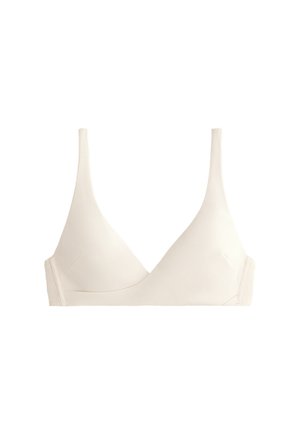 Licht beige bralette gemaakt van rib gebreide stof, met een diepe V-halsontwerp en verstelbare dunne banden. Het bevat geen padding of beugels.