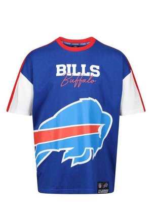 Kurzärmliges blaues T-Shirt mit einem großen weißen und roten Buffalo Bills-Logo sowie roten und weißen Akzenten an den Ärmeln.