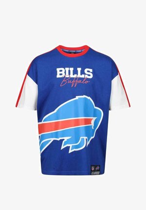 Blå T-shirt med korta ärmar med texten "BILLS" och "Buffalo", samt en stor blå buffellogo med röda och vita accenter.