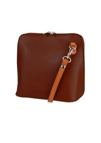 Bruine leren crossbodytas met een rechthoekige vorm, voorzien van een ritssluiting en een afneembare tan kleurige band met zilverkleurige metalen accenten.