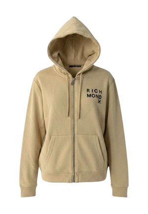 Felpa beige con zip, tasche frontali, cappuccio con coulisse e testo nero "RICHMOND" stampato sul petto sinistro.