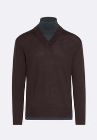 Maglione marrone con scollo a V e maniche lunghe, realizzato in tessuto morbido, indossato sopra un dolcevita scuro. Presenta un orlo e polsini a coste.