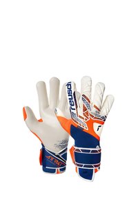Guanti da portiere bianchi, arancioni e blu. Caratterizzati da palmi in lattice testurizzato, dita rinforzate e fasce regolabili per il supporto.