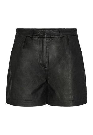 Černé kožené šortky s hladkou strukturou, vysokým pasem a předními záhyby. Mají klasický design a minimalistický styl bez dalších ozdob.