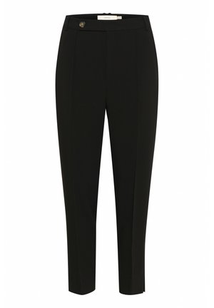 Pantaloni neri su misura con vestibilità dritta, tessuto morbido e chiusura a un bottone con uno spacco posteriore per comfort e stile.