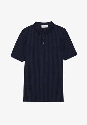 Polo en marine fait en tissu texturé, avec des rayures verticales, un col classique et une patte de boutonnage à trois boutons. Manches courtes.