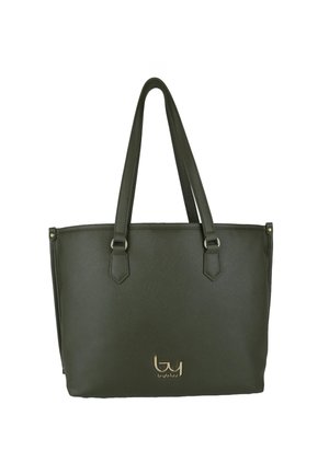 Borsa tote in pelle verde scuro con due spallacci e un piccolo logo dorato al centro davanti.