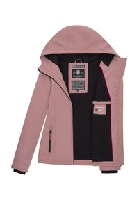 Veste à capuche mauve avec doublure intérieure noire, fermeture éclair à l'avant, deux poches latérales zippées et étiquette intérieure indiquant la marque Marikoo.