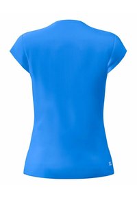 Top azul de manga corta, textura suave, material ligero, diseño ajustado, escote redondeado, sin hardware ni adornos visibles.