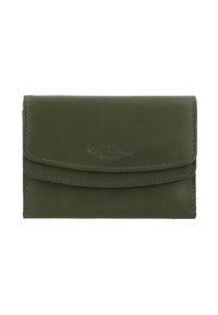 Portafoglio in pelle verde oliva con chiusura a patta. Presenta un logo impresso, bordi puliti e una superficie liscia. Design compatto e rettangolare.