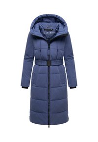 Marineblaue Steppjacke mit Kapuze, tailliertem Schnitt, senkrechten Nähten und Reißverschluss vorne. Sie verfügt über seitliche Taschen und gerippte Bündchen.
