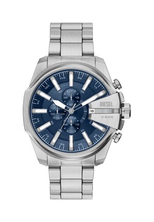 Edelstahl Diesel Armbanduhr mit blauem Zifferblatt, Chronographen-Teilzifferblättern, Datumsfenster sowie lumineszierenden Stundenmarkierungen und Zeigern.