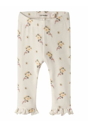 Leggings bébé couleur crème avec petits imprimés floraux jaunes et ourlets froufroutants, taille 1-2 mois.