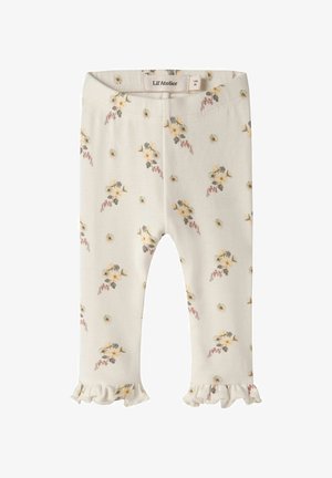 Cremefarbene Baby-Leggings mit kleinen gelben Blumenmuster und Rüschensaum, Größe 1-2 Monate.