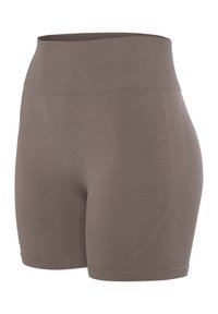 Bruine high-waisted shorts van elastisch materiaal. Beschikt over een gladde textuur met subtiele naaddetails. Ontworpen voor comfort en flexibiliteit.