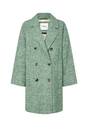 Abrigo de mezcla de lana en espiga verde con un diseño de doble botonadura, mangas amplias y botones marrones. Presenta un cuello con muesca y dos bolsillos delanteros.