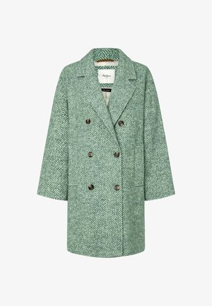 Zaļš dūraiņu vilnas jauktā auduma mētelis ar dubulto pogu dizainu, pārspīlētiem piedurknēm un brūnām pogām. Iezīmēts ar izgrieztu atlapu un diviem priekšējiem kabatām.