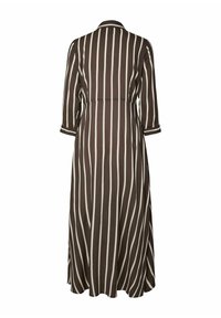 Robe à rayures verticales marron et crème, manches longues, col et taille ceinturée, avec un design fluide et une longueur au genou.