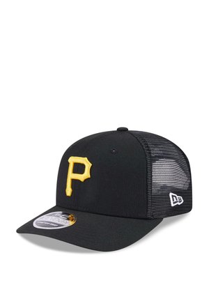 Black mesh baseball cap with yellow "P" logo on front and white logo on side, resting at an angle on a white background.