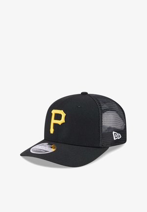 Black mesh baseball cap with yellow "P" logo on front and white logo on side, resting at an angle on a white background.