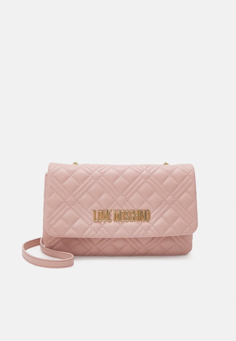 Pink quilted synthetic leather crossbody bag with gold "LOVE MOSCHINO" logo, flap closure, and detachable strap. Smooth texture with diamond pattern.