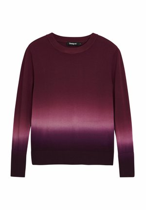 Pulover dintr-un tricot fin de culoare bordo închis, având un gradient care trece la o nuanță mai deschisă de mov. Textură netedă, cu manșete și tiv nervurat. Design simplu cu guler rotund.