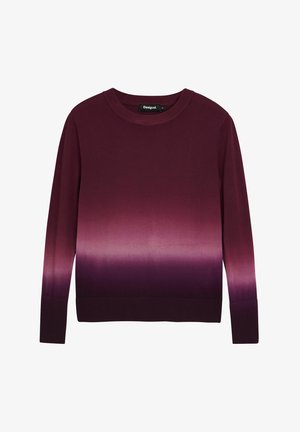 Sweter w odcieniu ciemnego burgundu, z gradientowym przejściem do jaśniejszego fioletu. Gładka dzianinowa tekstura, ściągacze przy mankietach i u dołu. Prosty krój z okrągłym dekoltem.