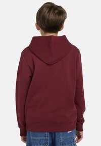 Sudadera color marrón con un gran bolsillo trasero, capucha ajustable y puños de canalé. Diseño simple, hecha de una suave mezcla de algodón.
