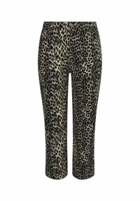 Pantalones capri con estampado de leopardo, confeccionados en una tela suave que presenta una combinación de colores negro y marrón, con una textura lisa y un diseño ajustado.