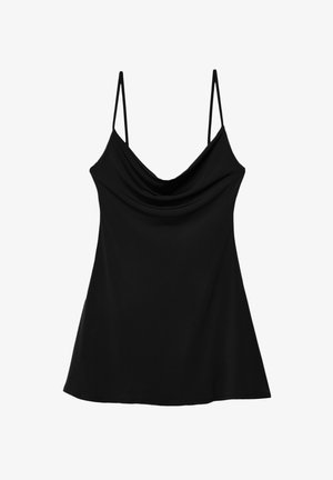 Črna brezrokavna majica z ovratnikom v stilu cowl, izdelana iz gladkega materiala. Ima tanke nastavljive naramnice in razširjen, tekoč silhueto.