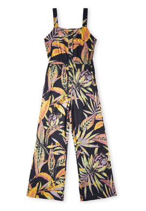 Czarny kombinezon z żywymi tropikalnymi wzorami kwiatowymi w odcieniach zieleni, żółci i różu. Posiada regulowane ramiączka oraz talię ściąganą na guziki.