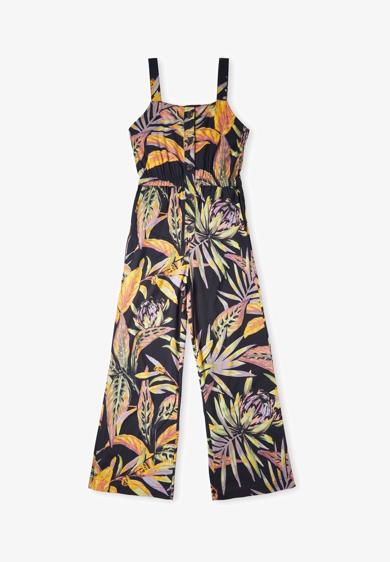 Combinaison noire avec des motifs floraux tropicaux vibrants en verts, jaunes et roses. Dotée de bretelles ajustables et d'une taille cintrée avec des boutons.