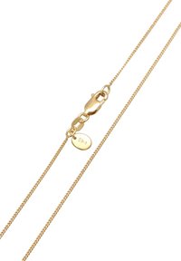 Gold-plattierte Halskette mit einem sicheren Karabinerverschluss, ausgestattet mit einem strukturierten, zarten Design und einem kleinen gravierten Anhänger.